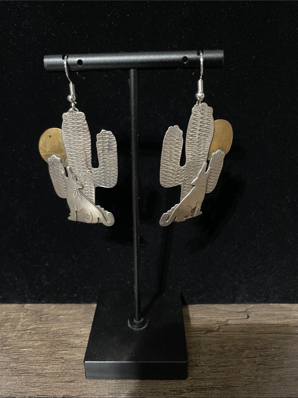 Ben G Chavez Sterling Cactus & Coyote Earrings with Copper moon.